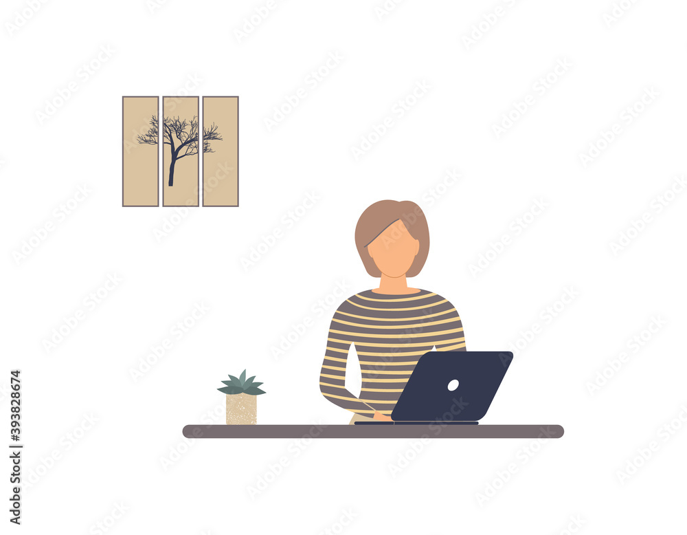 Faceless woman tutor work on laptop.Remote work, distance E-learning or online training during virus epidemic.Lady trainer or coach conduct webinar,seminar or workshop.Raster colourful illustration