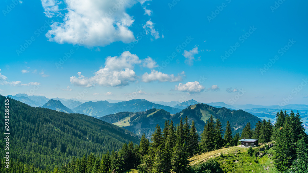 Germany, Allgaeu, Alpspitz mountain view above endless green tree covered mountains and valleys in summer