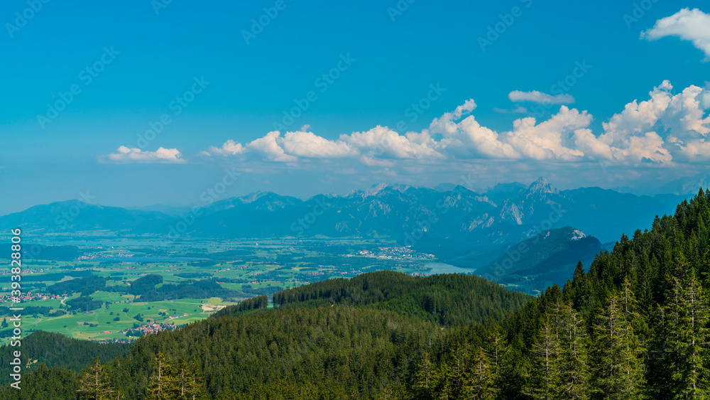 Germany, Allgaeu, View from alpspitz mountain above forgensee, hopfensee and weissensee lakes next to alps panorama