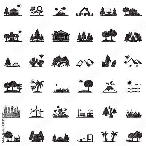 Landscape Icons. Black Scribble Design. Vector Illustration.