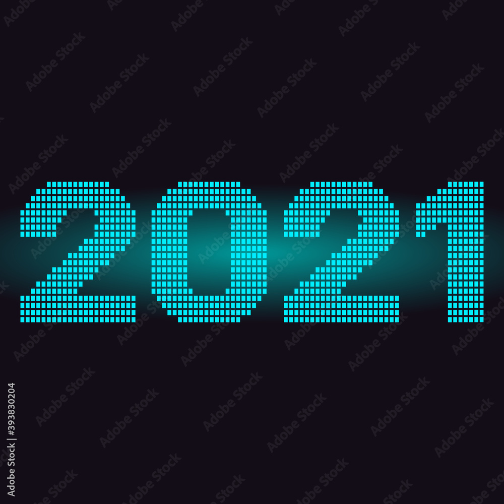 Happy New Year 2021. Glowing pixels on a dark background. Vector illustration.