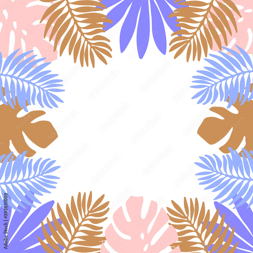 Tropical square frame, place for your text. Palm, monstera, banana  tree leaves background template. Vector illustration. Concept of the jungle for the design of invitations, greeting cards