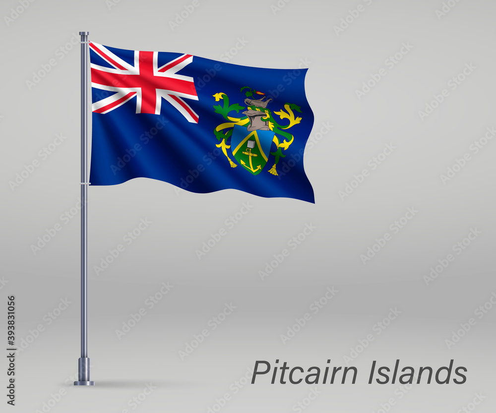 Waving flag of Pitcairn Islands - territory of United Kingdom on flagpole. Template for independence day poster design Waving flag of Pitcairn Islands - territory of United Kingdom on flagpole. Template for independence day poster design