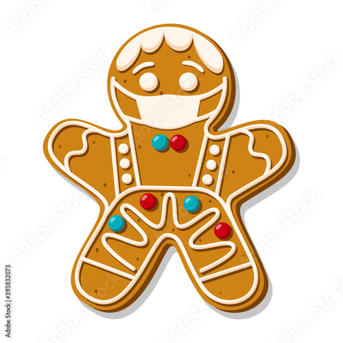 Gingerbread man in face mask. Christmas homemade cookies. The symbol is new normal. Vector illustration