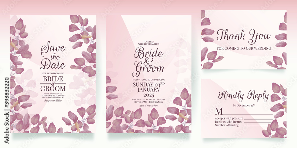 floral wedding invitation template set with elegant leaves decoration