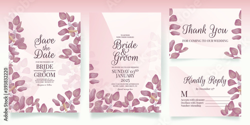 floral wedding invitation template set with elegant leaves decoration