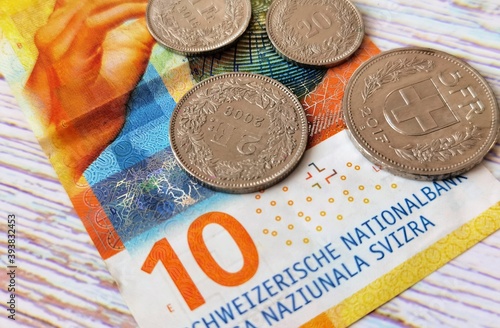 ten Swiss francs and coins on a holiday box with a ribbon photo