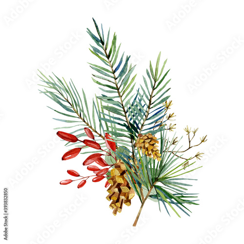 Watercolor Christmas bouquet with fir branches, red barries, pine cone. Winter greenery banner  for christmas card, greeting card, bridal card, wedding invintation, baby shower.