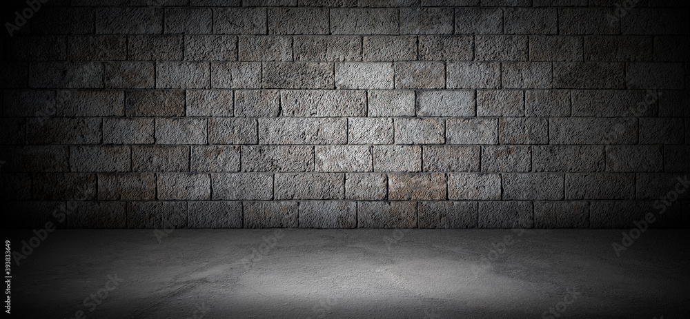 Stone wall and concrete floor background, product display urban room