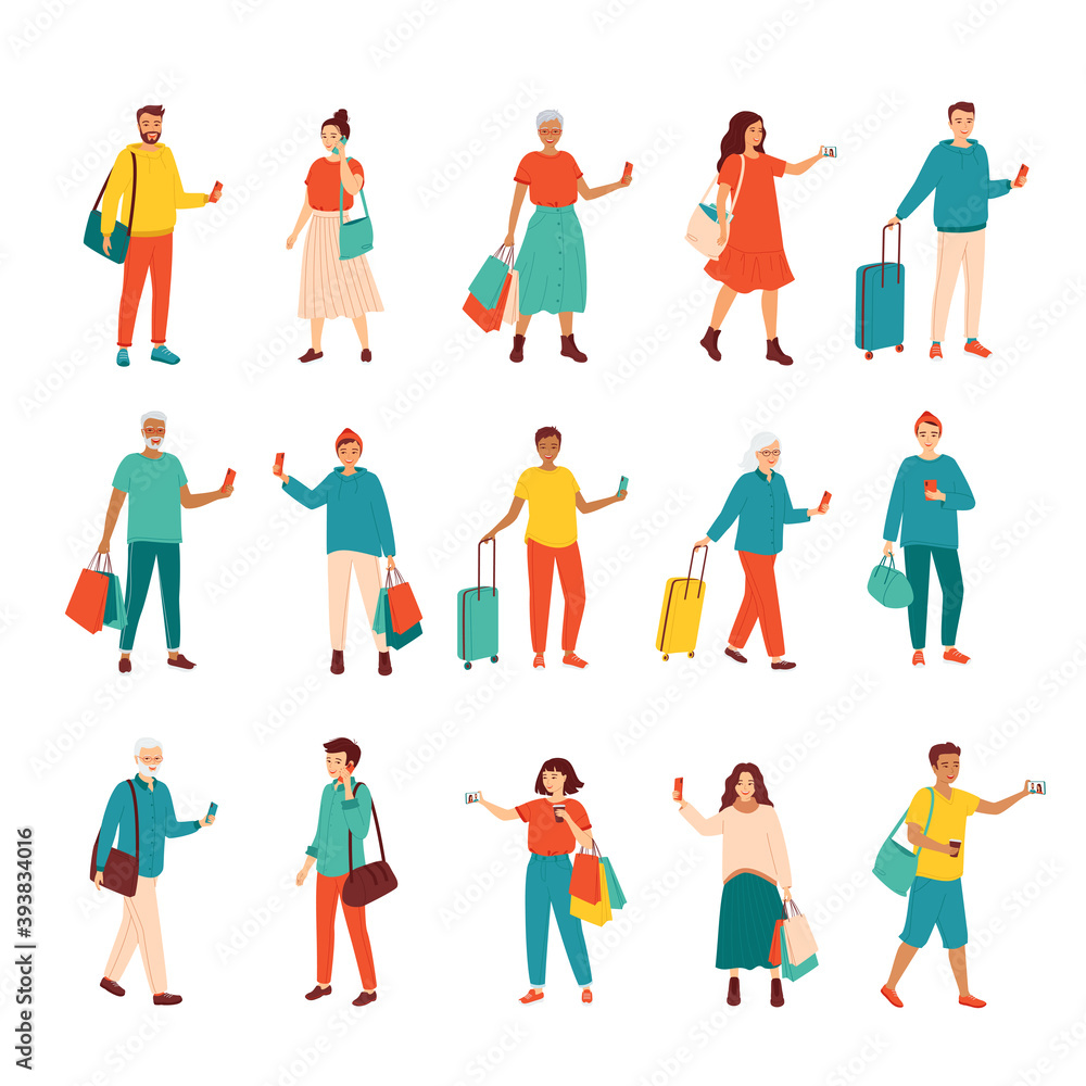 Collection of vector illustrations of young and senior women and men of diverse nationalities. People standing with bags, suitcases, packages are talking on the phone, making video calls, chatting