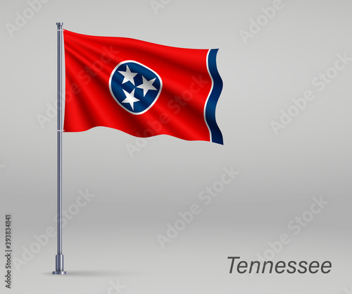 Waving flag of Tennessee - state of United States on flagpole. Template for independence day poster design