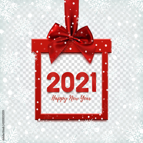 Happy New Year 2021 background  square banner in form of Christmas gift with red ribbon and bow.