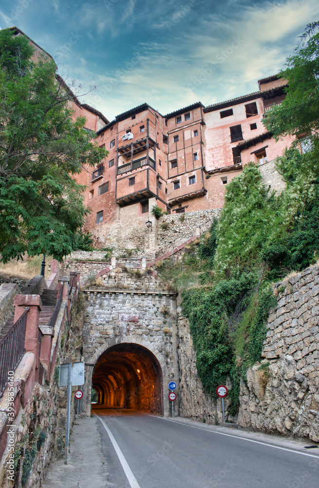 Tunnel and road under the medieval town of Albarracin in Teruel, Spain
