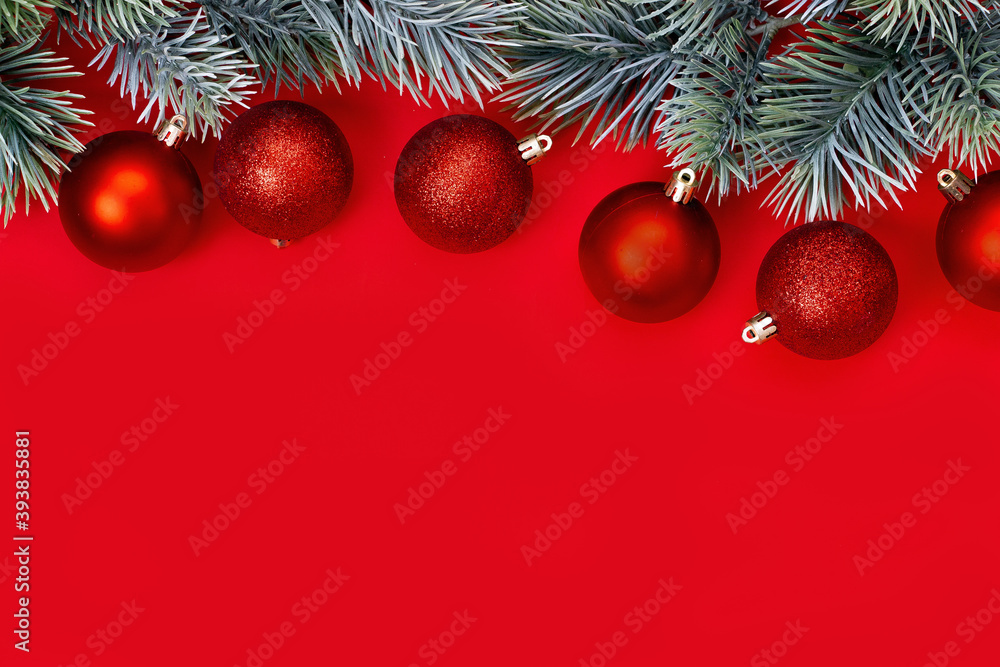 Red Christmas Decorations Red Background Copy Space New Year Composition Flat lay, top view. Minimalistic style.