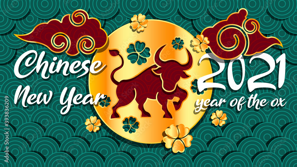 Chinese new year 2021 year of the ox background, red and gold ox character, clouds, flower and asian elements on background