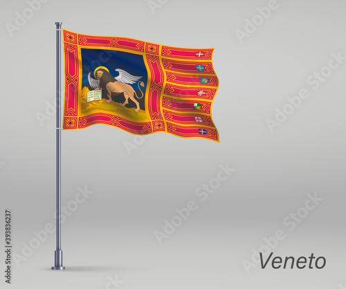 Waving flag of Veneto - region of Italy on flagpole. Template for independence day poster design