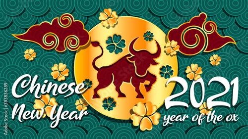 Chinese new year 2021 year of the ox background  red and gold ox character  clouds  flower and asian elements on background