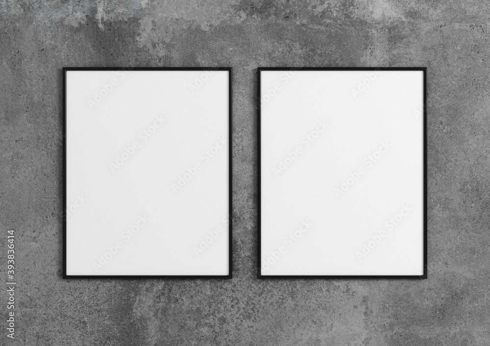 Double vertical black frame mockups. Black frame poster on a gray concrete wall. 3D illustrations.
Double vertical black frame mockups. Black frame poster on a gray concrete wall. 3D illustrations.