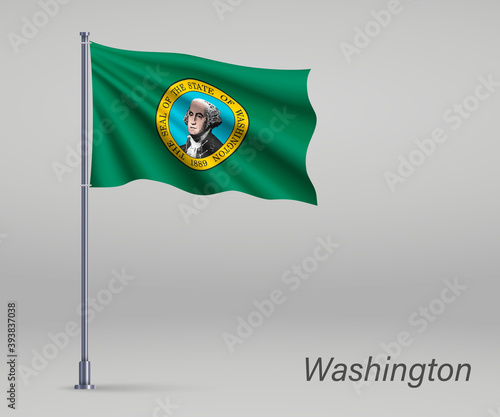 Waving flag of Washington - state of United States on flagpole. Template for independence day poster design