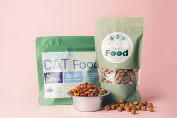 Tasty pet food on color background