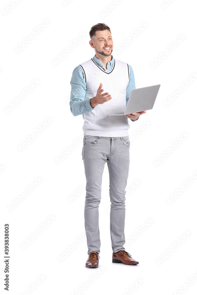 Male psychologist with laptop on white background