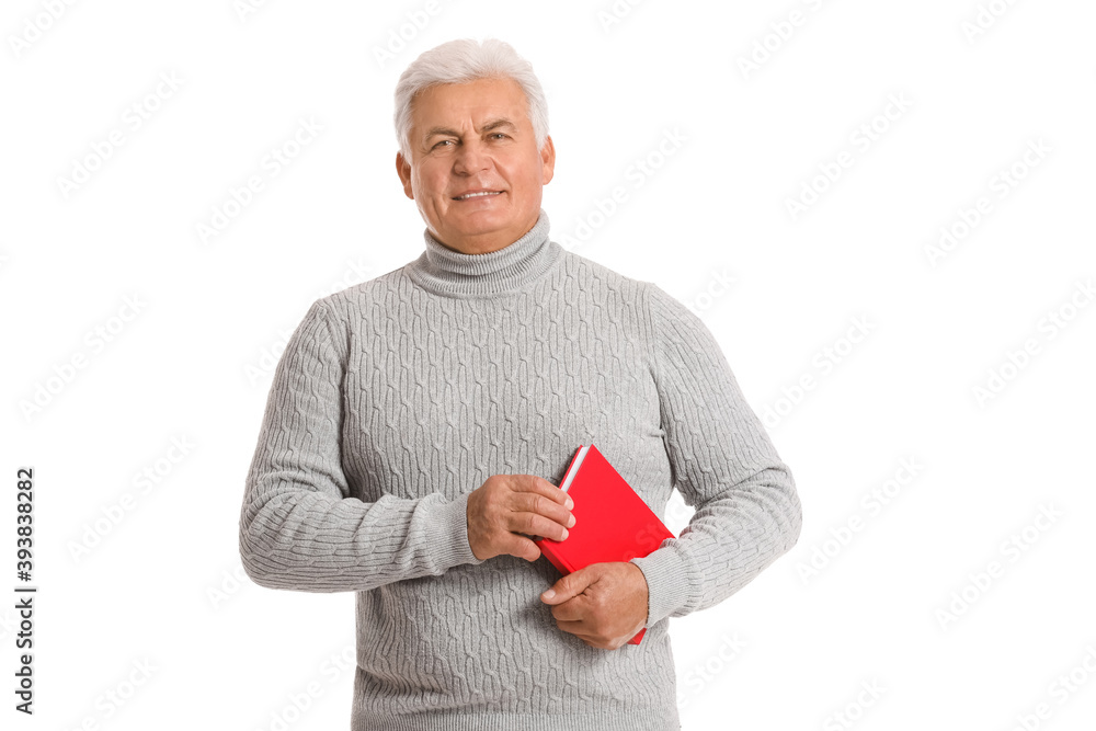 Mature man with book on white background Mature man with book on white background