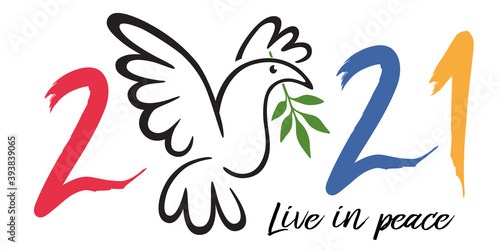 Fototapeta Naklejka Na Ścianę i Meble -  Illustration d’une colombe tenant dans son bec un rameau d’olivier, pour souhaiter une année 2021 sous le signe de la paix dans le monde.