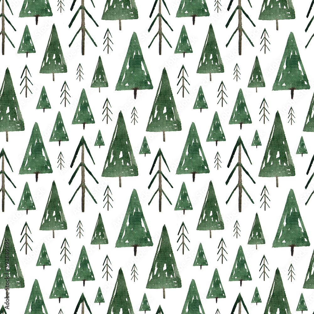 Fototapeta premium Seamless pattern with watercolor Christmas trees on a white background. Holiday, winter, new year, christmas.