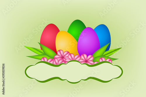 Easter decorative design with colorful eggs and pink flowers with green leaves on light green background, vector illustration