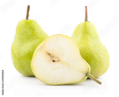 Fresh pears, one and a half yellow fruit isolated on white background