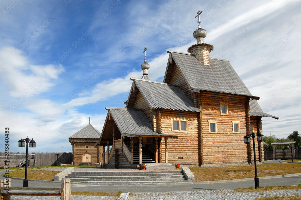 Wooden church in Obdorsky Ostrog (fort). Salekhard, Yamalo-Nenets Autonomous Okrug (Yamal), Russia.