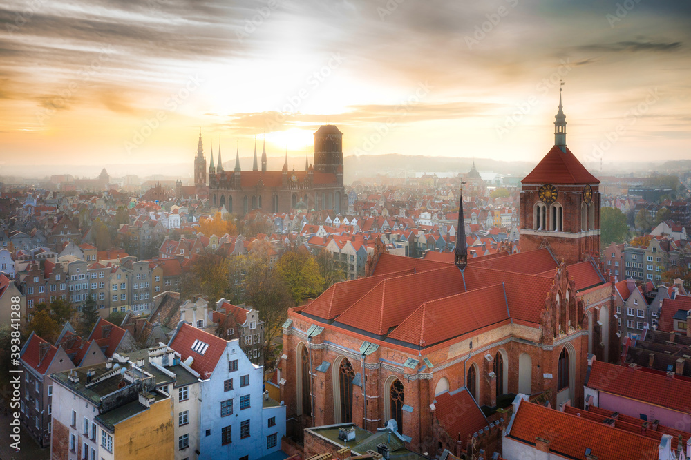 Obraz Aerial view of the old town in Gdansk at sunset, Poland
