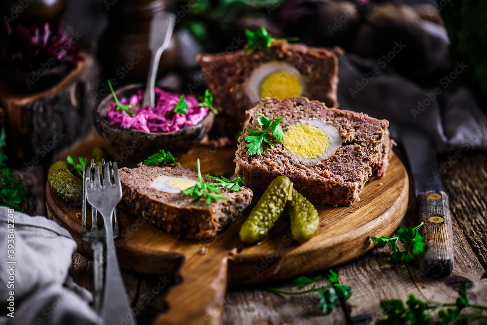 meatloaf with beets and eggs.selective focus..style rustic meatloaf with beets and eggs.selective focus..style rustic