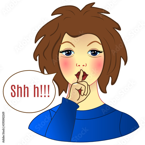 Brunette woman wearing in a blue dress with character shushing "Shh h" to politely tell people to shut up & be quiet to keep silence, she using finger on mouth gesture to stop talking