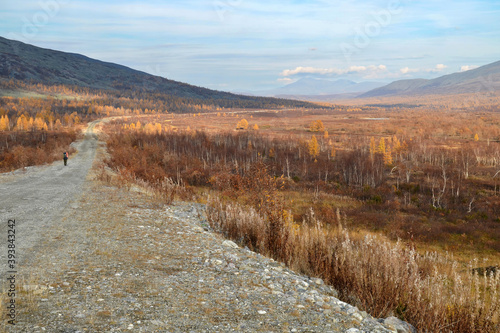 Mountainous tundra landscape. Road from Polyarny to Kharbey. Polar Ural, Yamalo-Nenets Autonomous Okrug (Yamal), Russia.