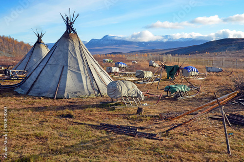 Chums (tents) of khanty reindeer herders in Malaya Paypudyna river valley. Yamalo-Nenets Autonomous Okrug (Yamal), Russia. photo