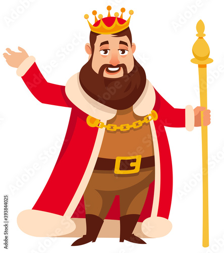 King holding scepter. Royal character in cartoon style.