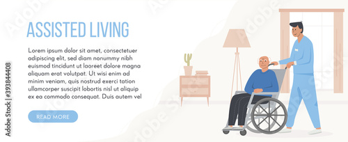 Banner for retirement home. Concept of assisted living. Residential care facility at nursing home. Male nurse with elderly man in wheelchair. Social worker, volunteer and patient. Vector illustration.