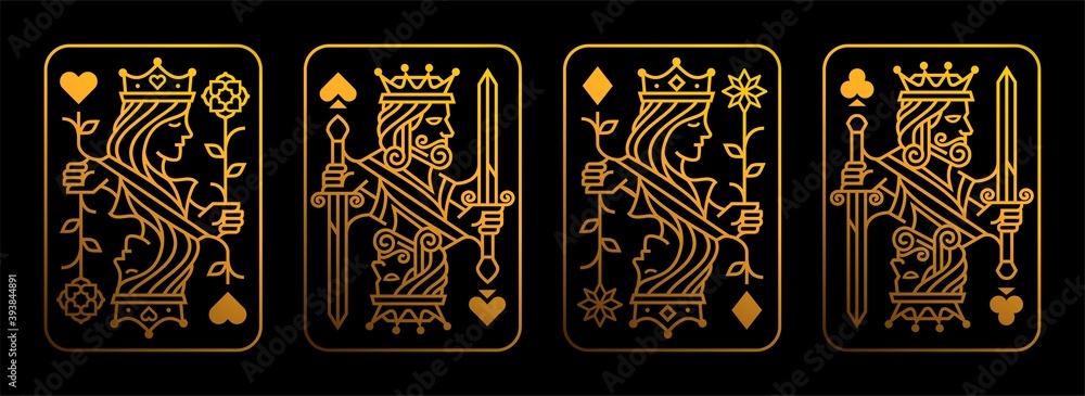 Golden King and queen playing card vector illustration set of hearts, Spade, Diamond and Club, Royal card design collection