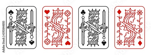 King and queen playing card vector illustration set of hearts, Spade, Diamond and Club in red and black color