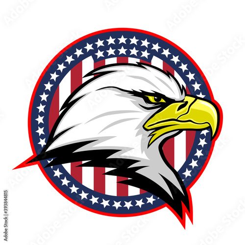 Round badge with American eagle and USA flag on white background.