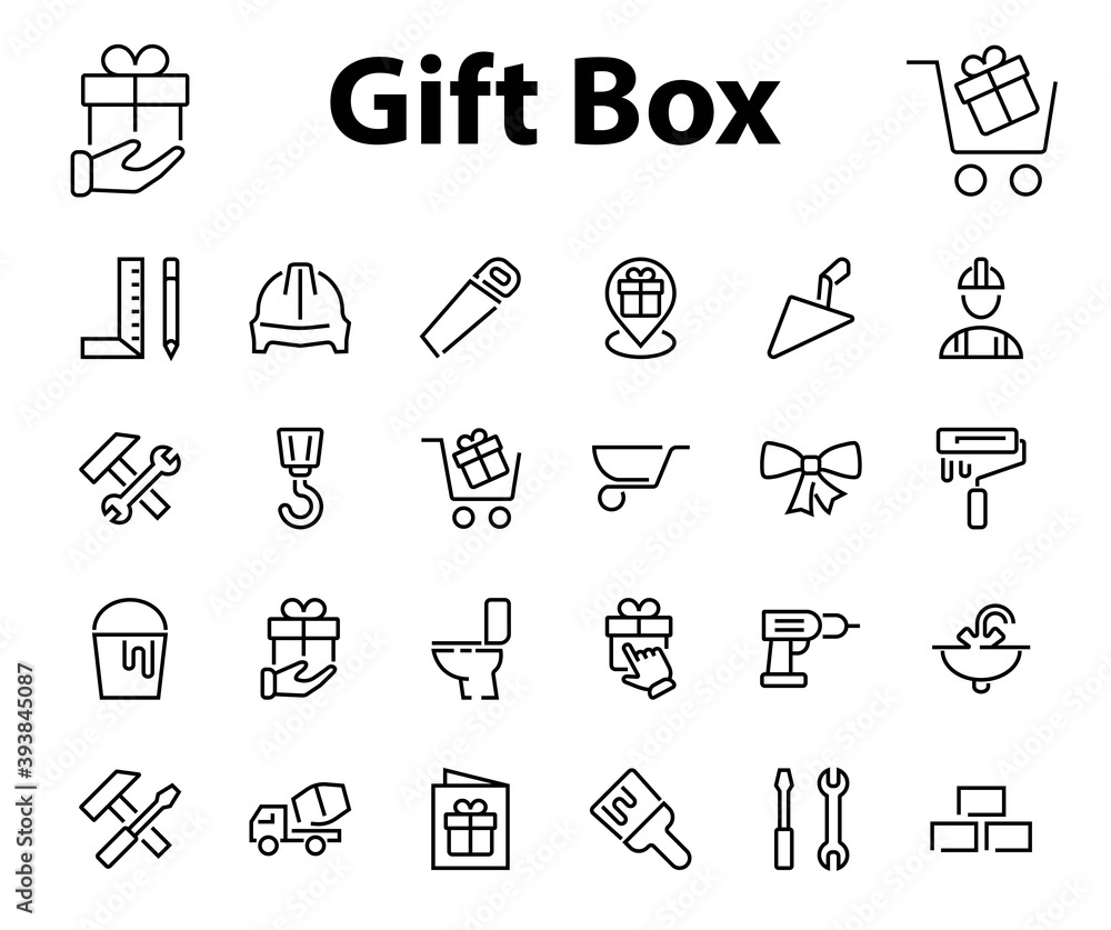 Set of construction icons, simple vector lines, contains the following icons: builder, roller, hammer with wrench, toilet bowl and much more. Editable stroke. 48x48 pixels perfect, white background Set of construction icons, simple vector lines, contains the following icons: builder, roller, hammer with wrench, toilet bowl and much more. Editable stroke. 48x48 pixels perfect, white background