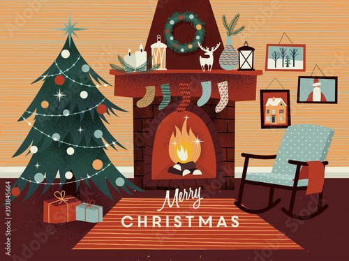 Christmas illustration with warm fireplace. Christmas vector greeting card