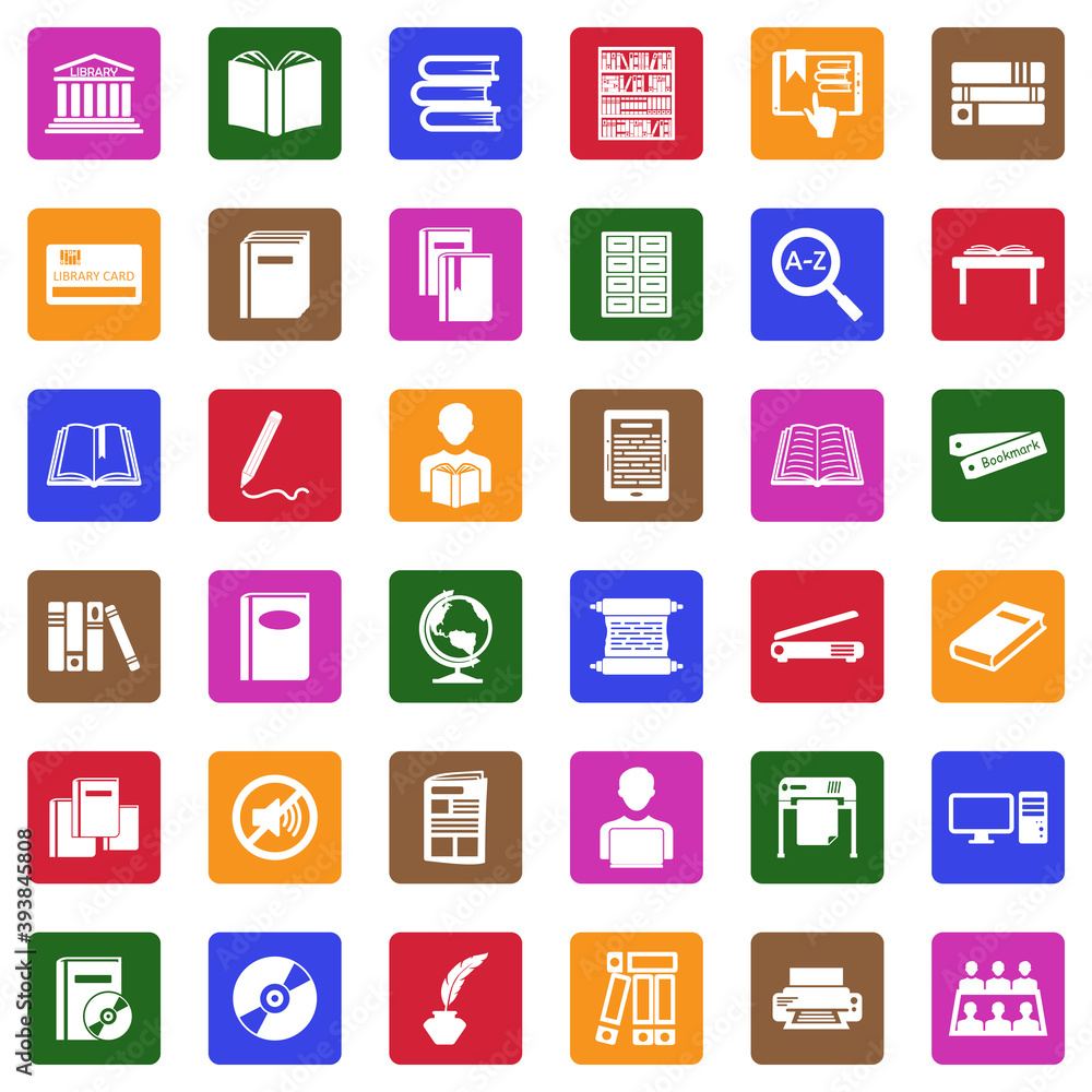 Library Icons. White Flat Design In Square. Vector Illustration. Library Icons. White Flat Design In Square. Vector Illustration.
