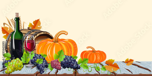 Happy Thanksgiving day background with pumpkins, grapes and yellow leaves. Autumn holiday. Vector illustration.