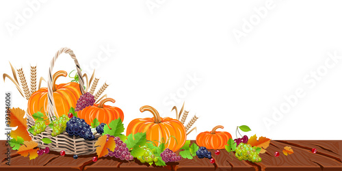 Happy Thanksgiving day background with pumpkins, grapes and yellow leaves. Autumn holiday. Vector illustration.