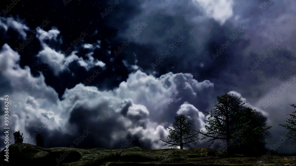 Illustration of a dark barren landscape with trees and foreboding clouds and stars in the background.