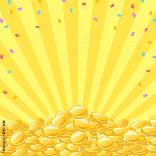 紙吹雪と山積みになり輝くコインのフレーム　下からの集中線　複数バリエーションあり
