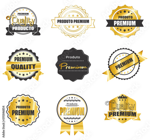 Set Selos,  Selo Gold, Selo de Qualidade, Selo Premium, Selo de produtos de alta qualidade, selos em vetor