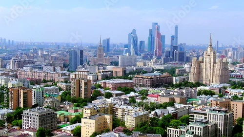 Moscow, Russia. Aerial panoramic view of the downtown, soviet high-rise buildings and Moscow city skyscrapers Drone flying over the amazing cityscape.